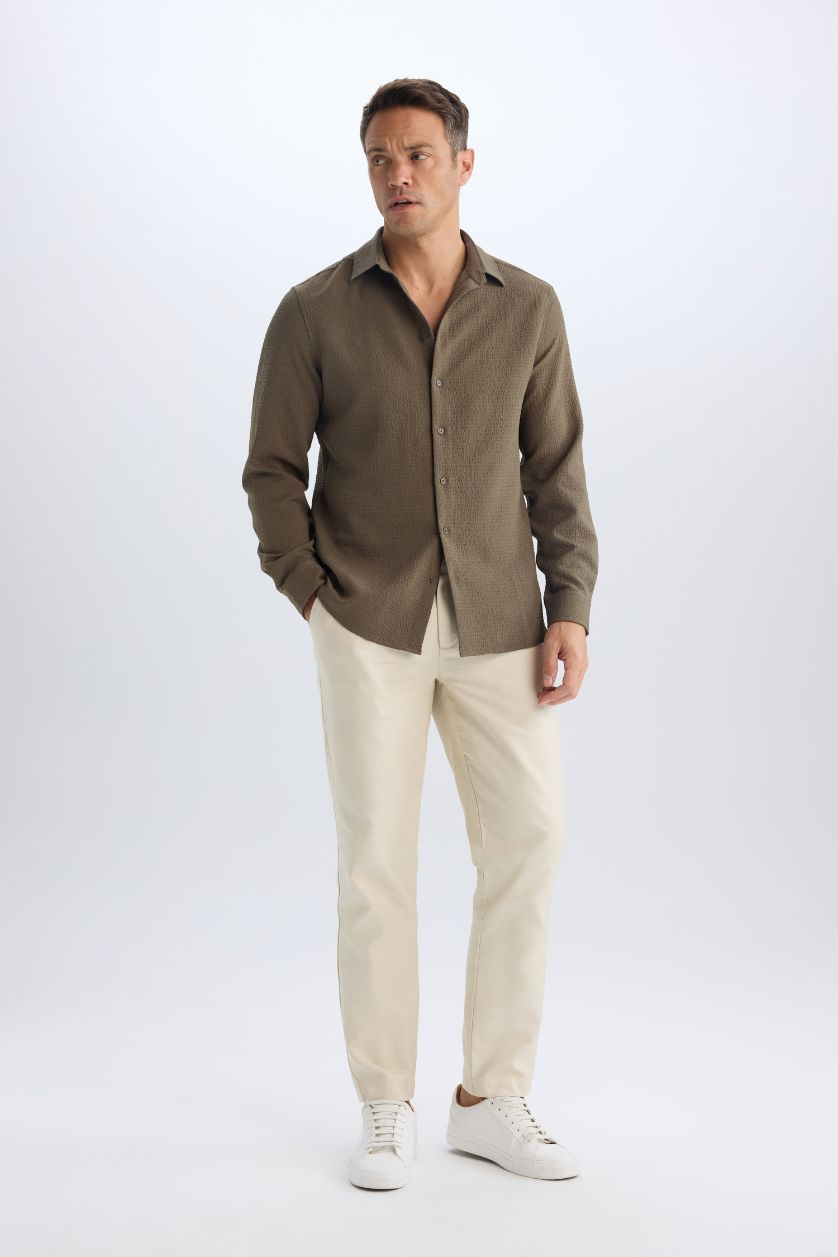 Erkek Meşe Yeşili Modern Fit Polo Yaka Dokulu Esnek Kumaş Uzun Kollu Gömlek