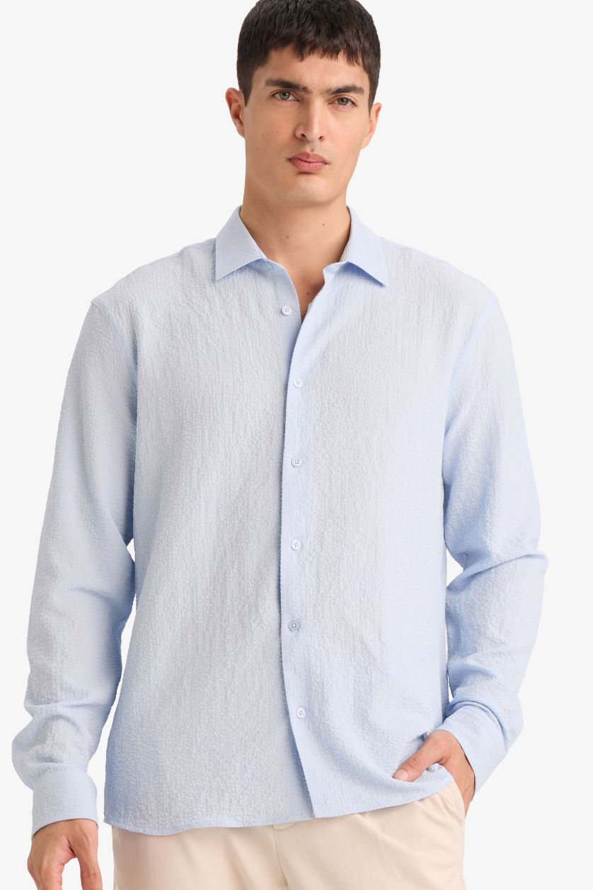MAN Light Blue Modern Fit Polo Collar Woven Long Sleeve Shirt