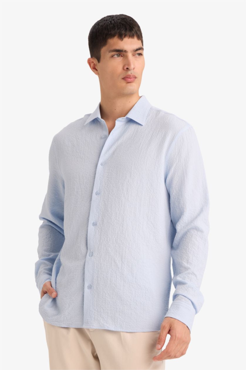 MAN Light Blue Modern Fit Polo Collar Woven Long Sleeve Shirt