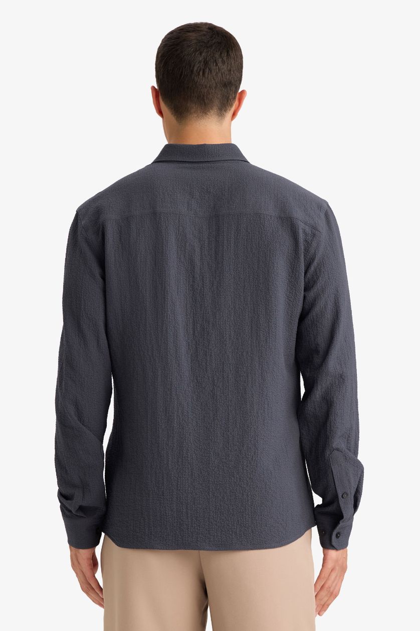 MAN Dark Grey Modern Fit Polo Neck Woven Long Sleeve Shirt
