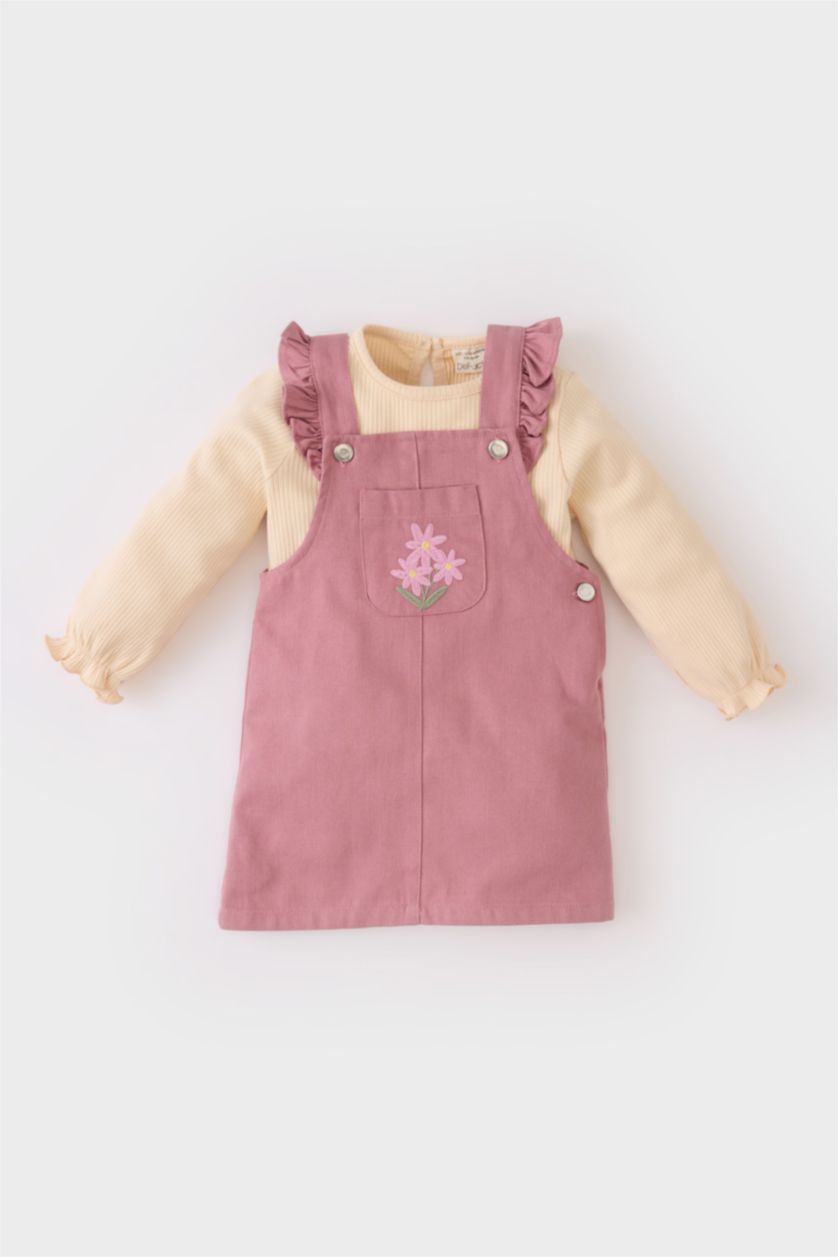 Kız Bebek Gülkurusu Kız Bebek 2'li Takım Uzun Kollu Üst Çiçekli Salopet Elbise