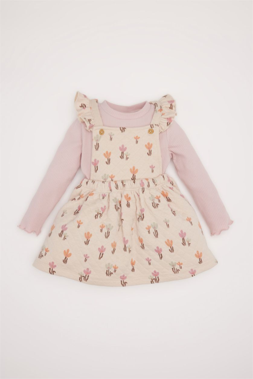 Kız Bebek Taş Kız Bebek 2'li Takım Çiçekli Fitilli Kaşkorse Elbise Basic Düz Uzun Kollu Tişört