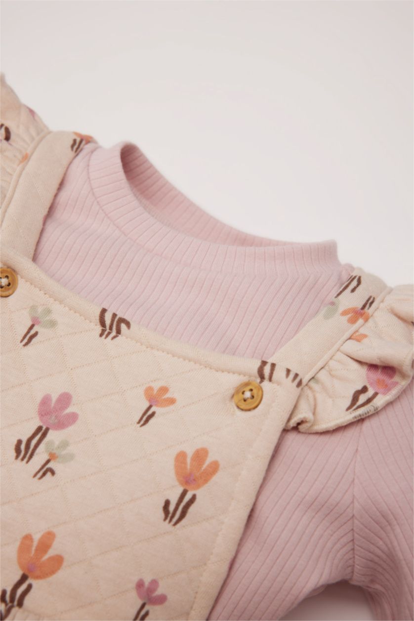 Kız Bebek Taş Kız Bebek 2'li Takım Çiçekli Fitilli Kaşkorse Elbise Basic Düz Uzun Kollu Tişört