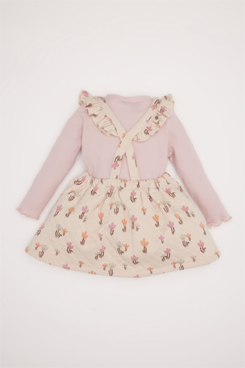 Kız Bebek Taş Kız Bebek 2'li Takım Çiçekli Fitilli Kaşkorse Elbise Basic Düz Uzun Kollu Tişört