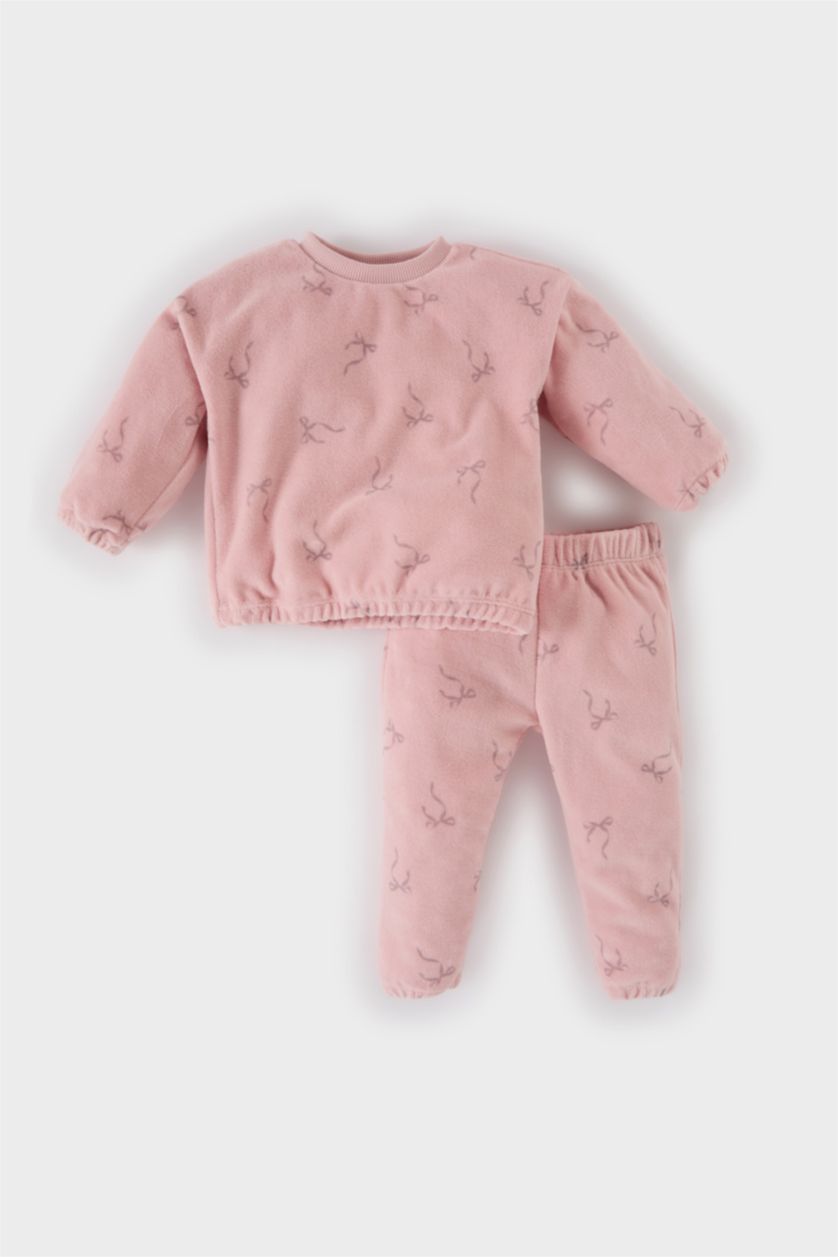 Kız Bebek Pembe Kız Bebek 2'li Takım Desenli Sweatshirt Beli Lastikli Alt 