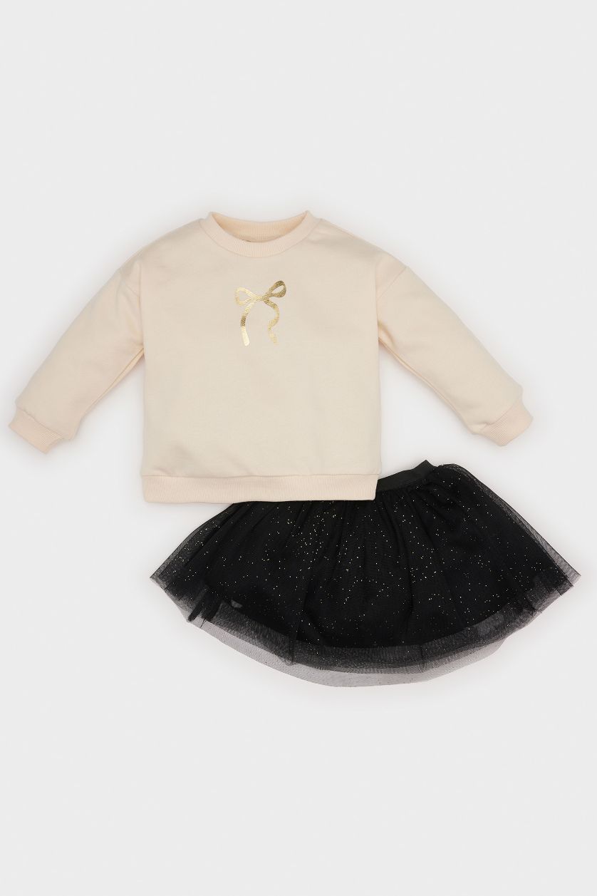Baby Girl Black Baby Girl Crew Neck Shiny Printed Sweatshirt Skirt 2 Piece Set