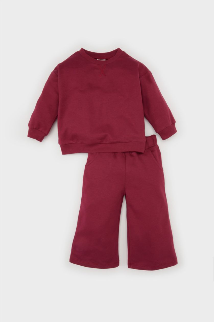 Kız Bebek Bordo Kız Bebek 2'li Takım Basic Düz Sweatshirt Geniş Bol Paça Alt