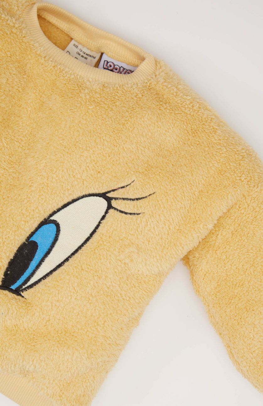 Kız Bebek Hardal Looney Tunes 2'li Takım Pelüş Sweatshirt Beli Lastikli Eşofman Altı Kız Bebek