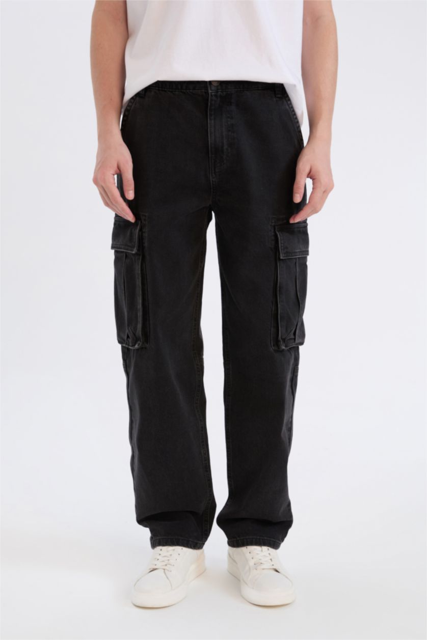 Ерлер қара релакс пішімі деним кең етек Шалбар