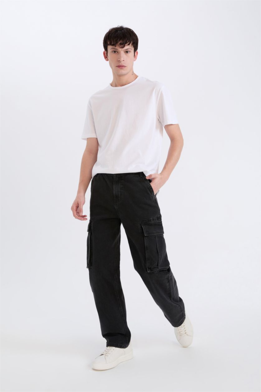 Ерлер қара релакс пішімі деним кең етек Шалбар