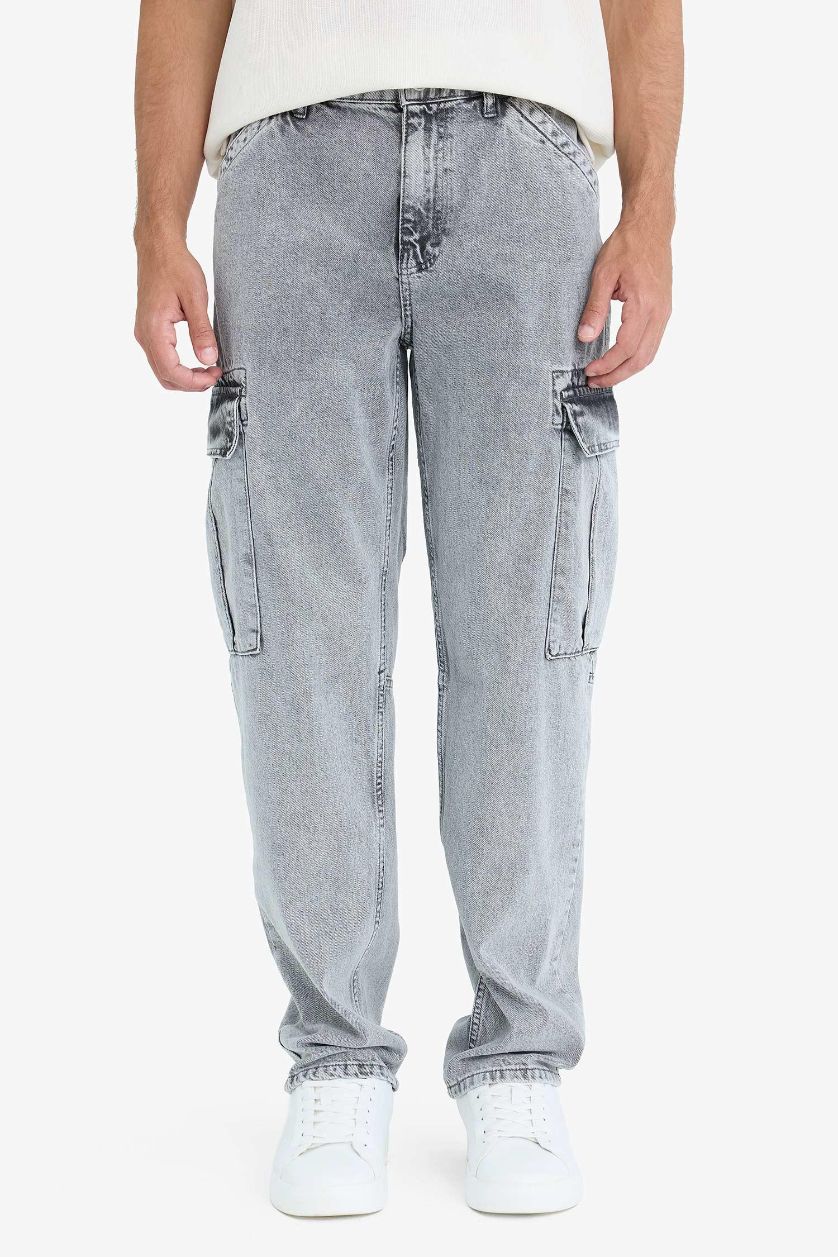 Erkek Açık Gri %100 Pamuk Relax Fit Rahat Kesim Kargo Cepli Geniş Paça Jean Pantolon