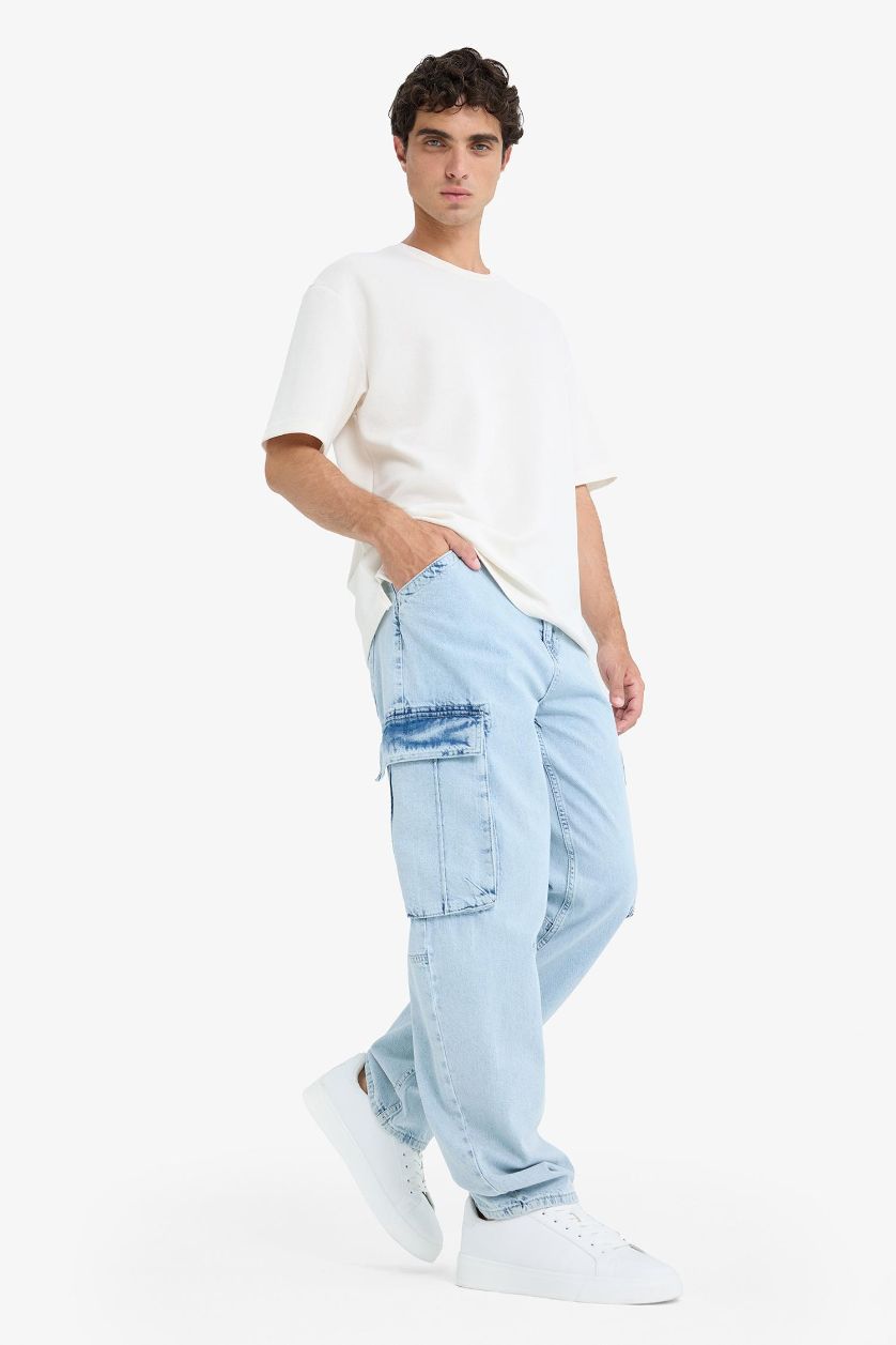 Erkek Buz Mavi %100 Pamuk Relax Fit Rahat Kesim Geniş Paça Kargo Cepli Jean Pantolon