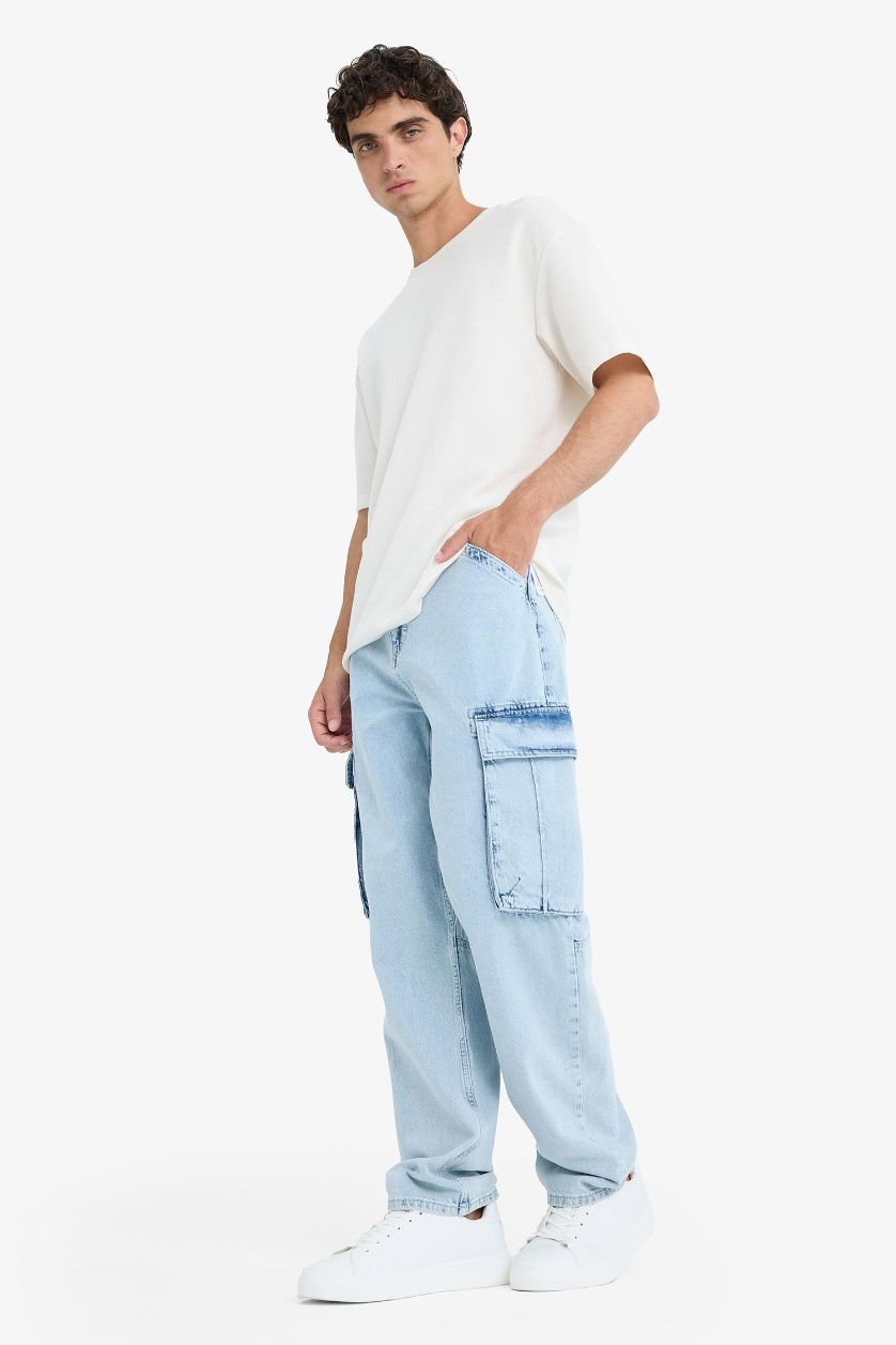 Erkek Buz Mavi %100 Pamuk Relax Fit Rahat Kesim Geniş Paça Kargo Cepli Jean Pantolon