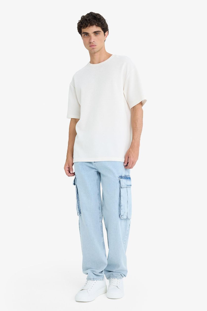 Erkek Buz Mavi %100 Pamuk Relax Fit Rahat Kesim Geniş Paça Kargo Cepli Jean Pantolon