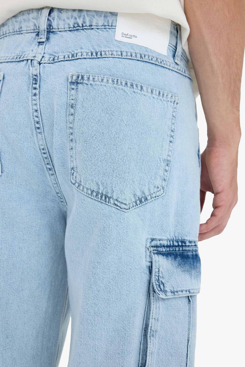 Erkek Buz Mavi %100 Pamuk Relax Fit Rahat Kesim Geniş Paça Kargo Cepli Jean Pantolon