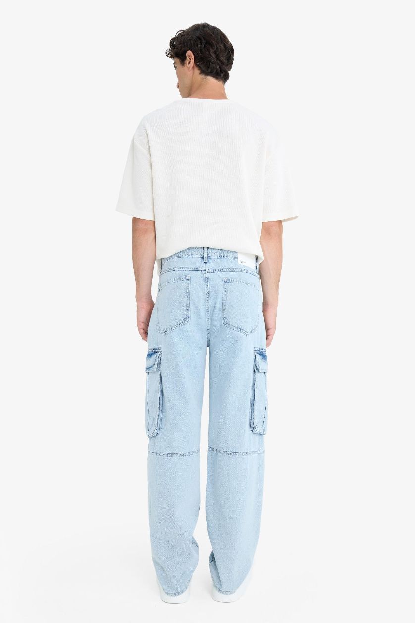 Erkek Buz Mavi %100 Pamuk Relax Fit Rahat Kesim Geniş Paça Kargo Cepli Jean Pantolon