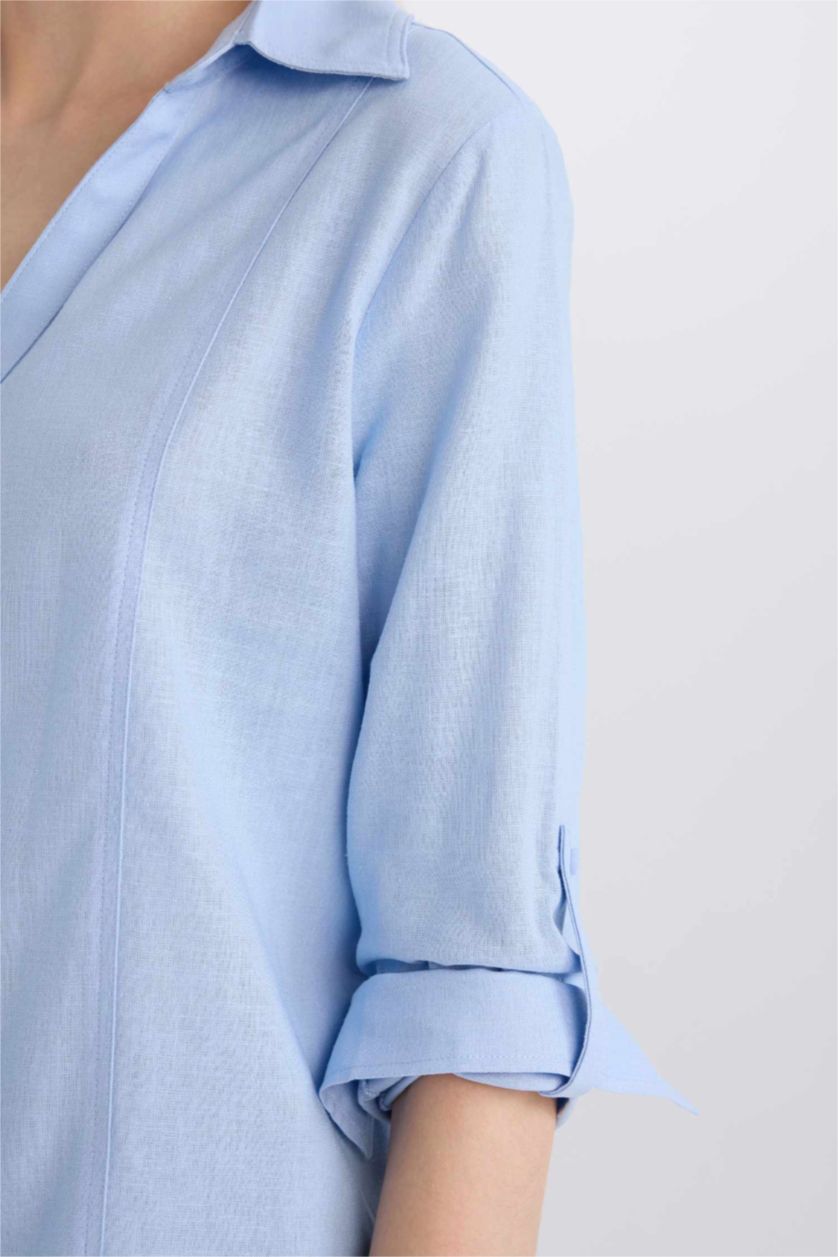 WOMAN Light Blue Regular Fit V Neck Linen Blend Long Sleeve Shirt