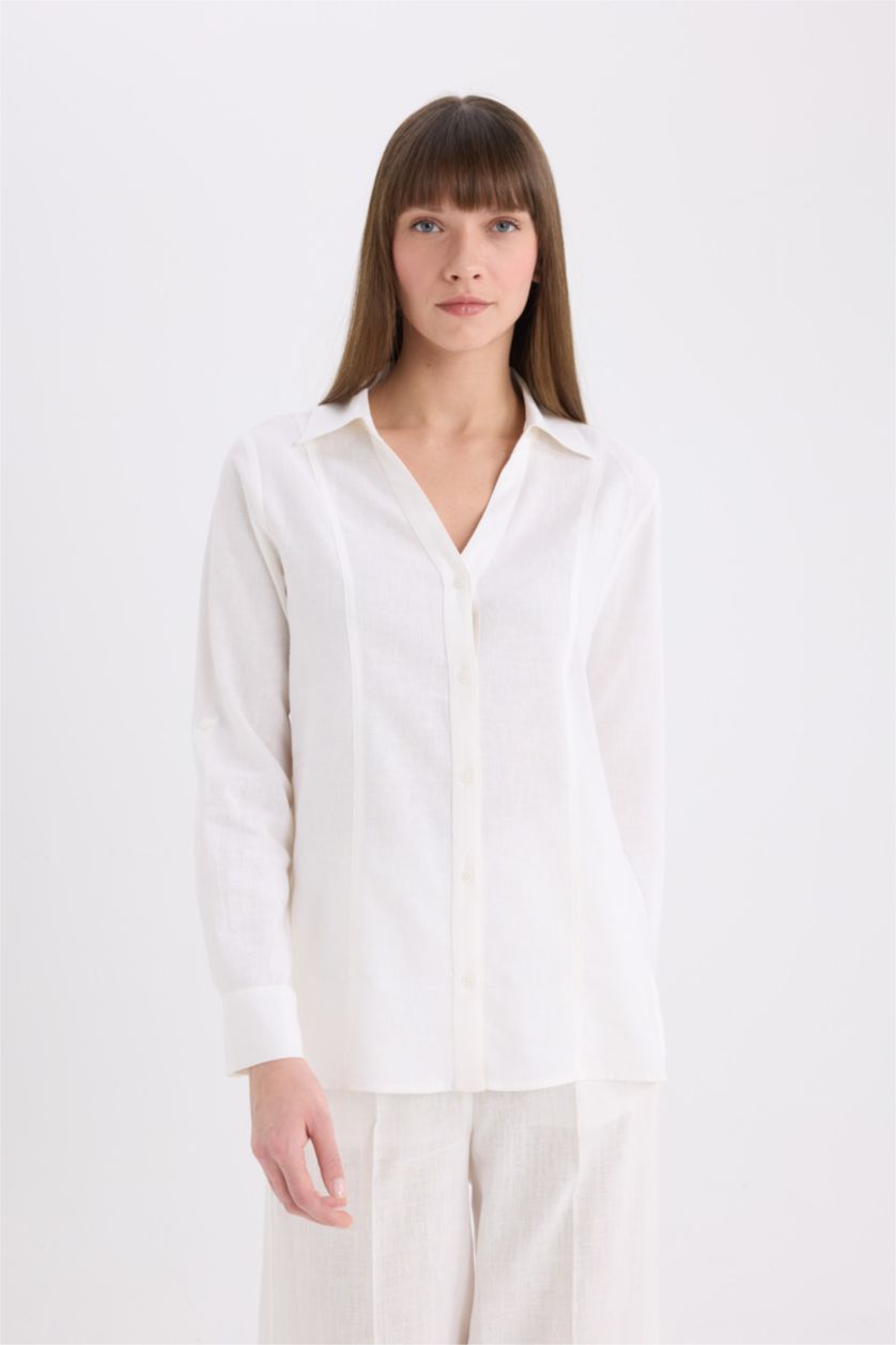 WOMAN White Regular Fit V Neck Linen Blend Long Sleeve Shirt