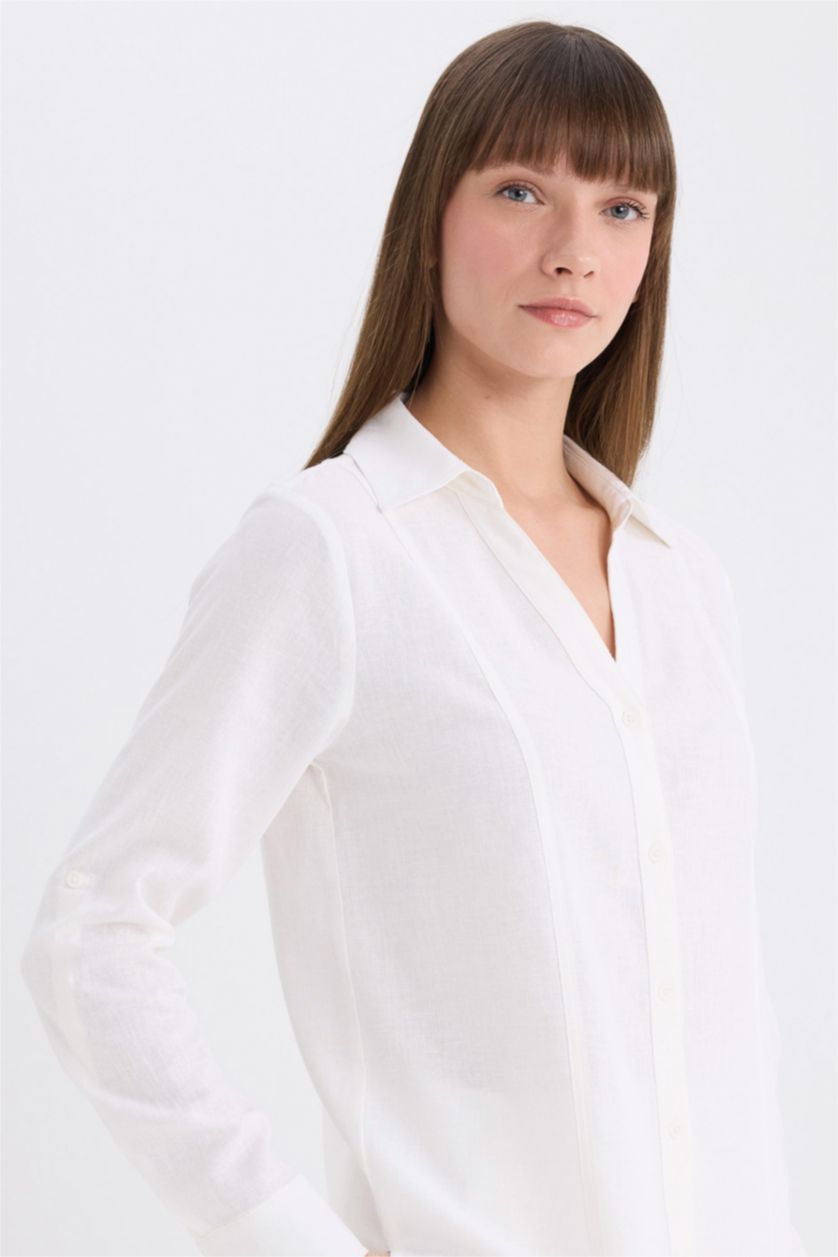 WOMAN White Regular Fit V Neck Linen Blend Long Sleeve Shirt