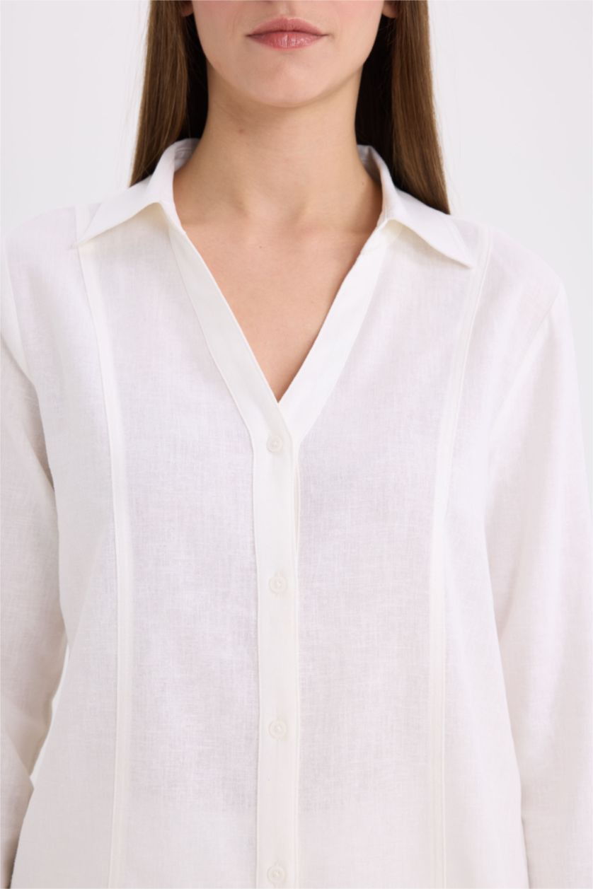 WOMAN White Regular Fit V Neck Linen Blend Long Sleeve Shirt