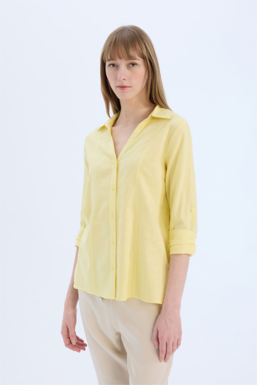 WOMAN Light Yellow Regular Fit V Neck Linen Blend Long Sleeve Shirt