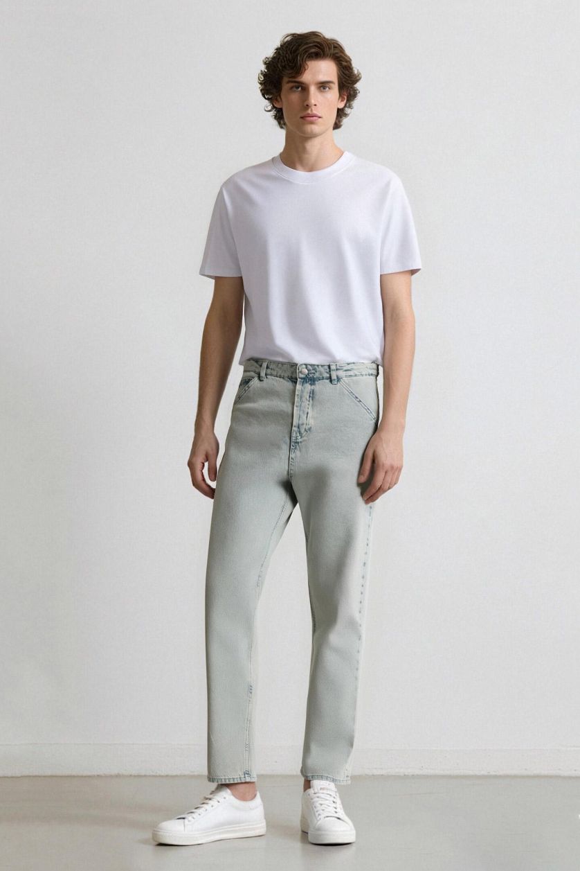 Erkek Açık Mavi %100 Pamuk Baggy Fit Geniş Kalıp Normal Bel Geniş Paça Yıkamalı Jean Pantolon