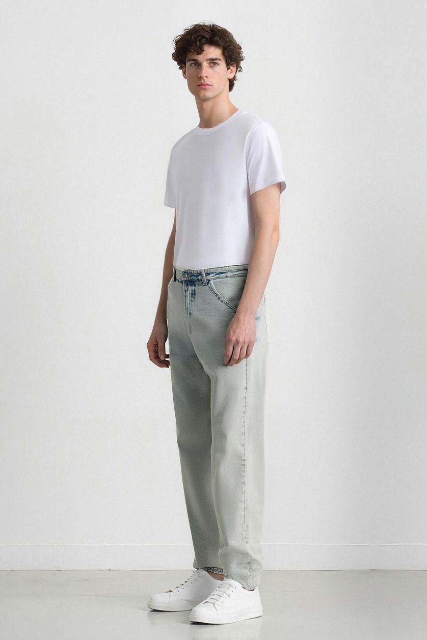 Erkek Açık Mavi %100 Pamuk Baggy Fit Geniş Kalıp Normal Bel Geniş Paça Yıkamalı Jean Pantolon