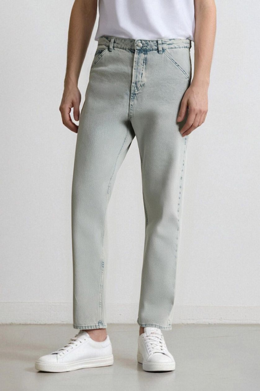 Erkek Açık Mavi %100 Pamuk Baggy Fit Geniş Kalıp Normal Bel Geniş Paça Yıkamalı Jean Pantolon