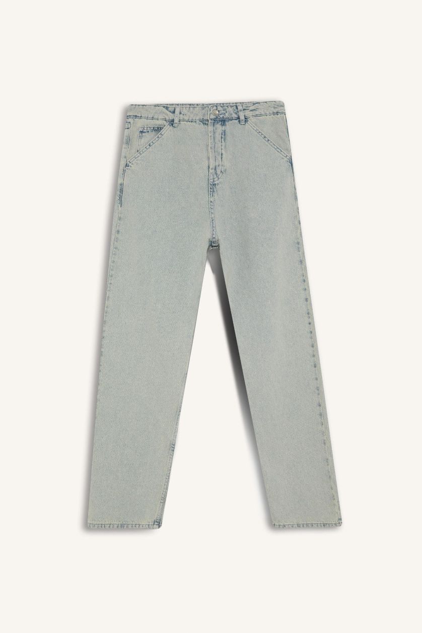 Erkek Açık Mavi %100 Pamuk Baggy Fit Geniş Kalıp Normal Bel Geniş Paça Yıkamalı Jean Pantolon