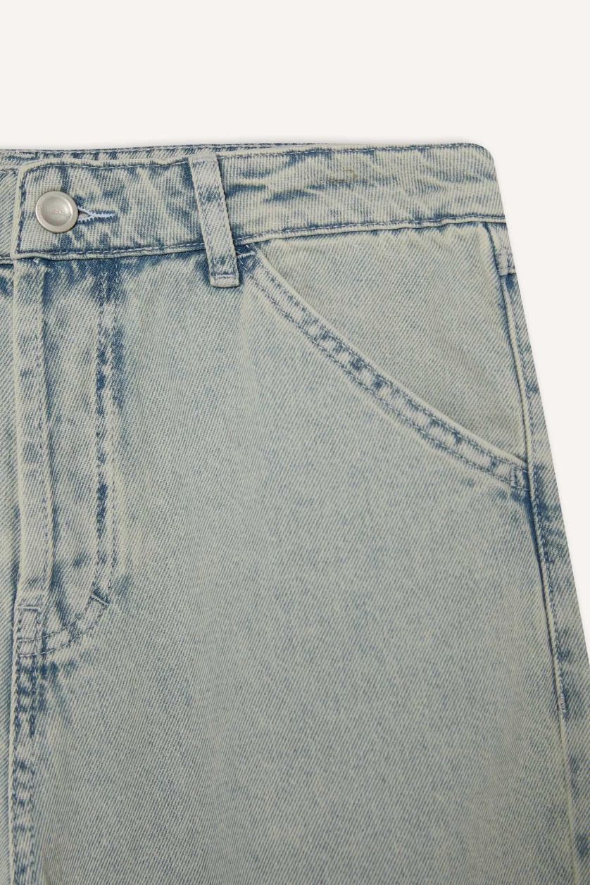 Erkek Açık Mavi %100 Pamuk Baggy Fit Geniş Kalıp Normal Bel Geniş Paça Yıkamalı Jean Pantolon