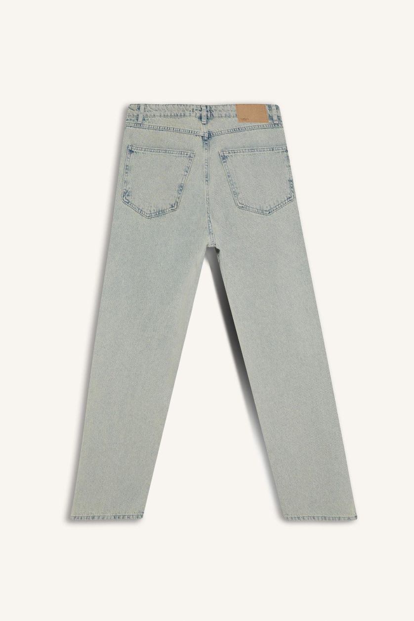 Erkek Açık Mavi %100 Pamuk Baggy Fit Geniş Kalıp Normal Bel Geniş Paça Yıkamalı Jean Pantolon