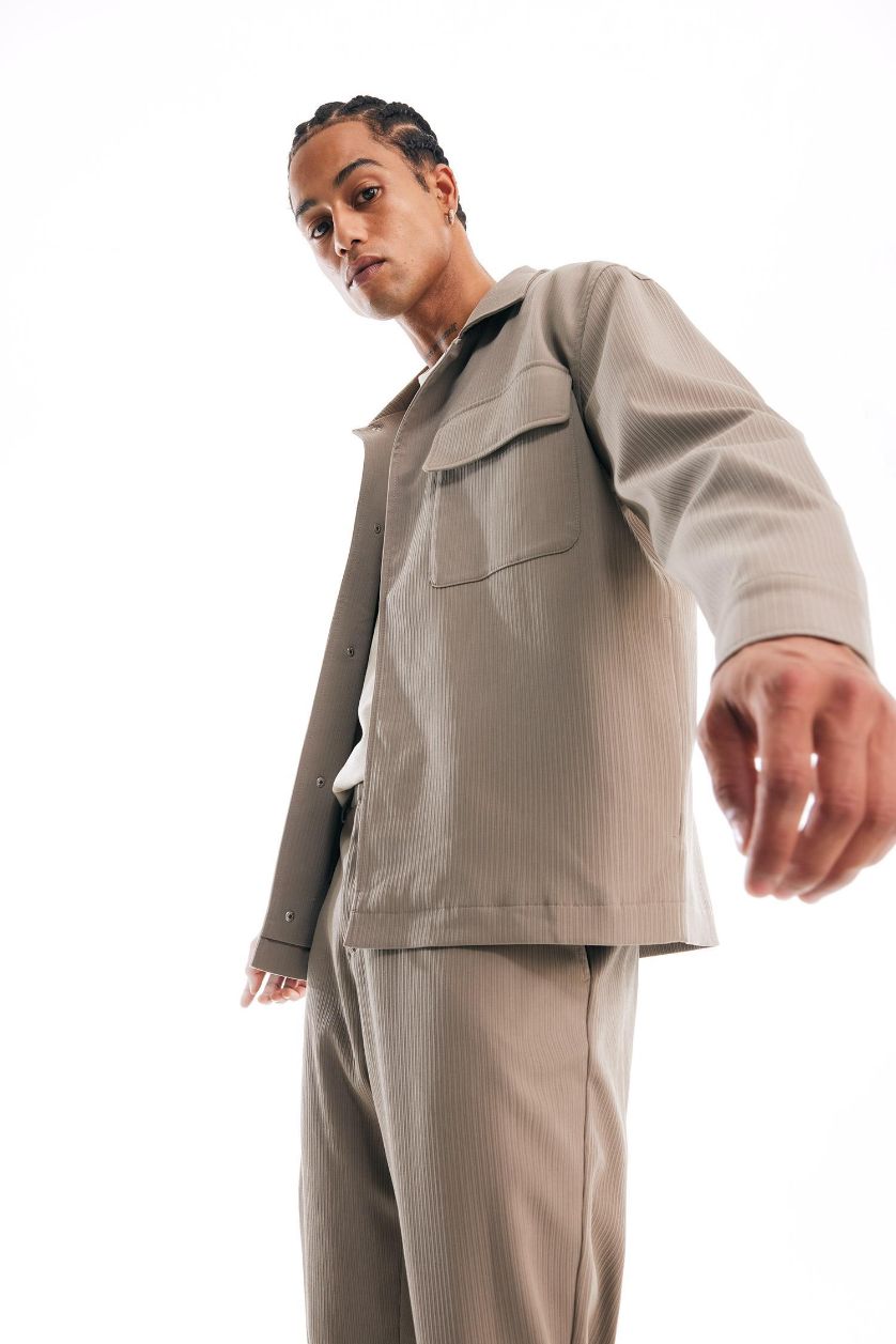 HOMME Kaki Clair Chemise-veste à col polo coupe décontractée