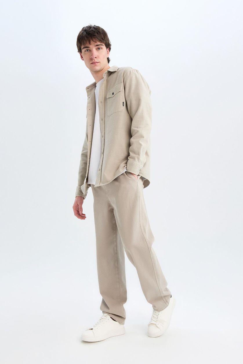 Erkek Kum %100 Pamuk Bol Rahat Kesim Wide Leg Geniş Paça Yazlık Keten Görünümlü Pantolon