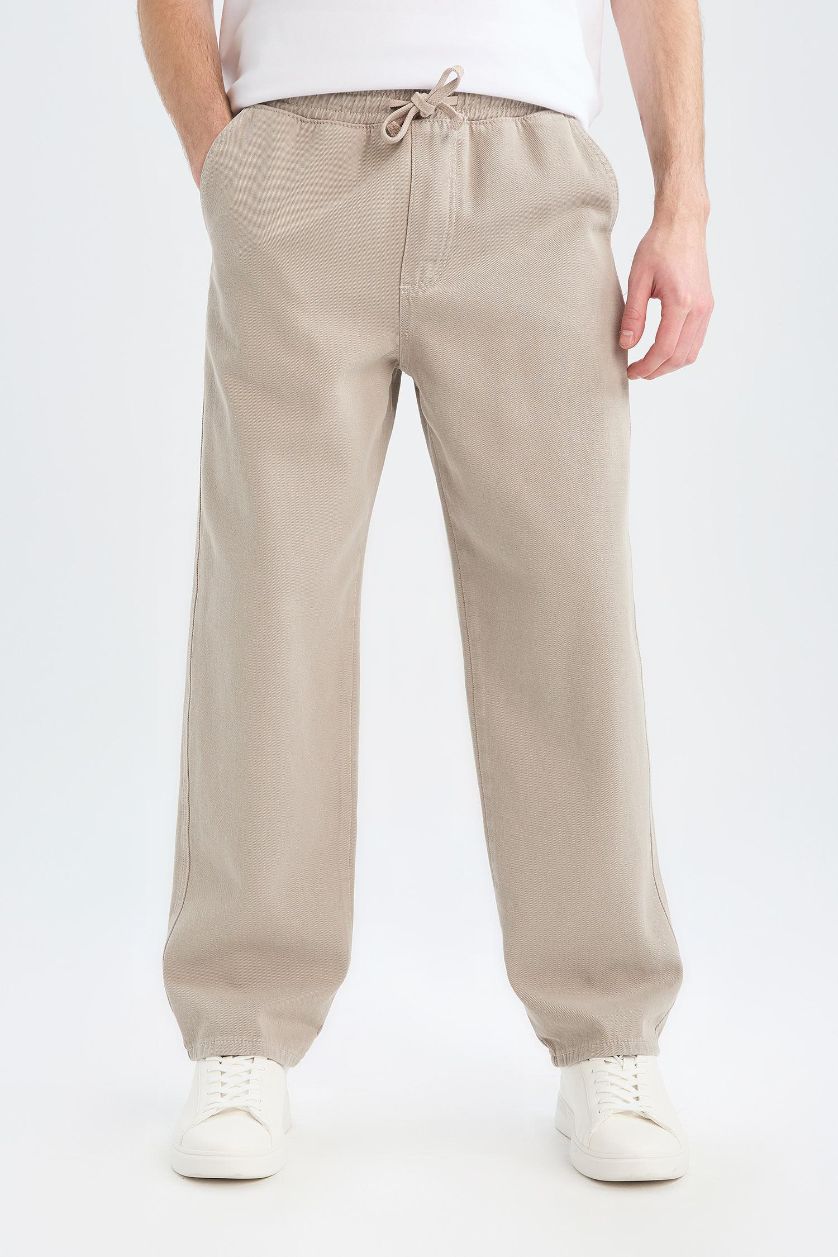 Erkek Kum %100 Pamuk Bol Rahat Kesim Wide Leg Geniş Paça Yazlık Keten Görünümlü Pantolon