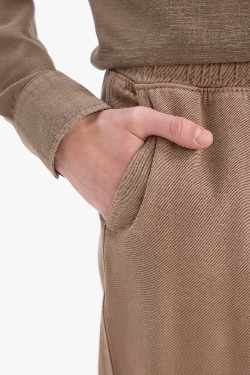 Erkek Açık Kahve %100 Pamuk Bol Rahat Kesim Wide Leg Geniş Paça Yazlık Keten Görünümlü Pantolon