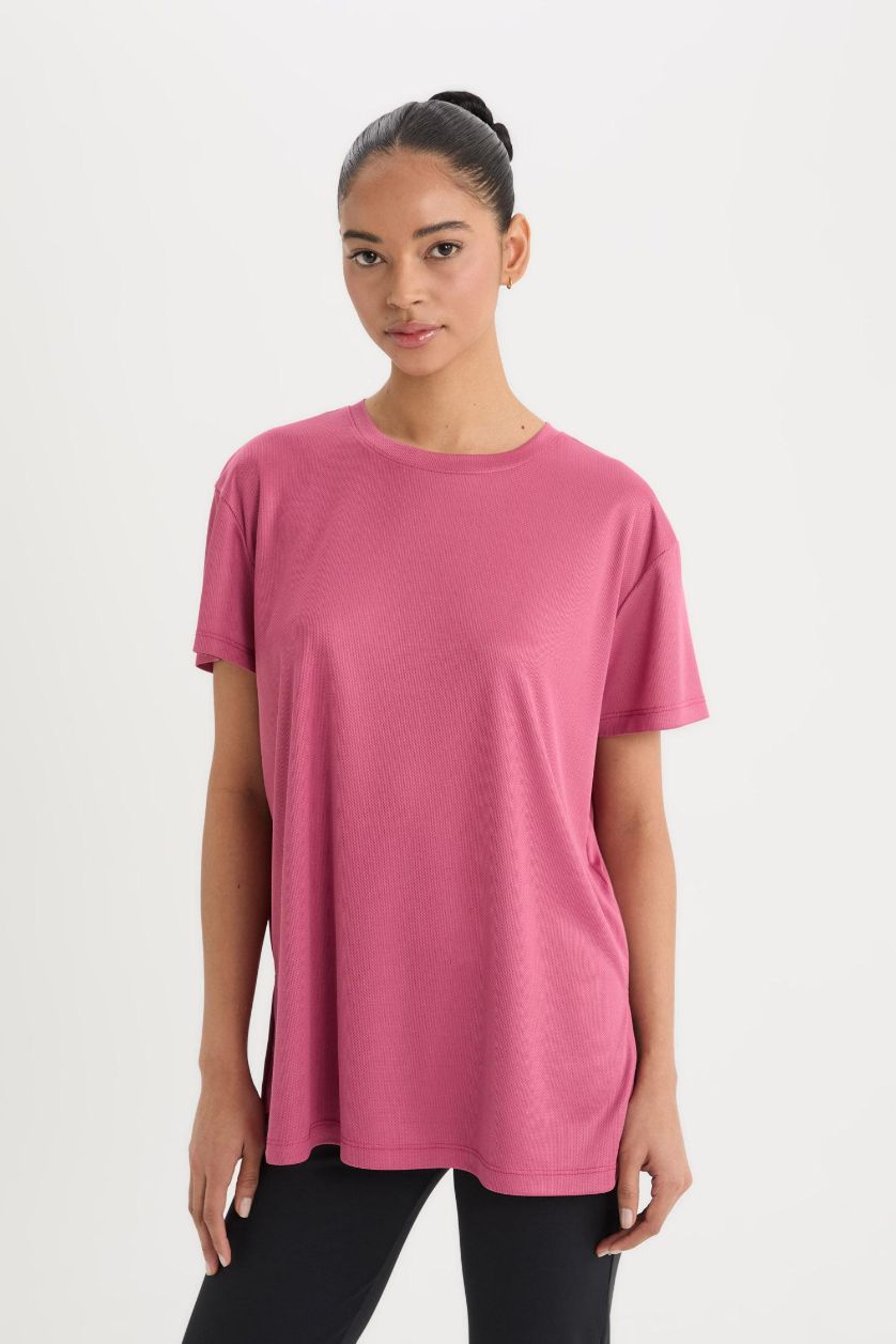 Kadın Gülkurusu Oversıze Bisiklet Yaka Sporcu Kısa Kollu Tişört