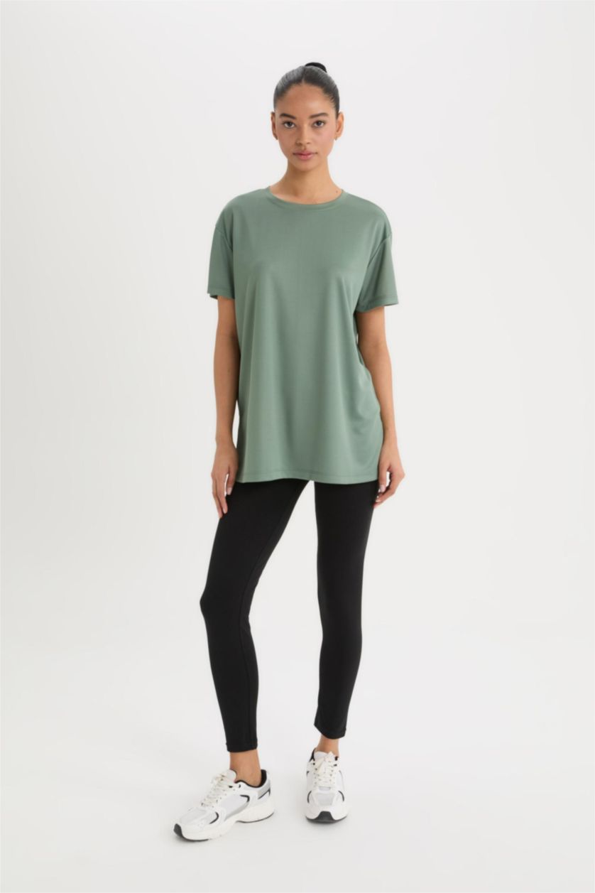 Woman Khaki DeFactoFit Oversize Fit Crew Neck Sport T-Shirt