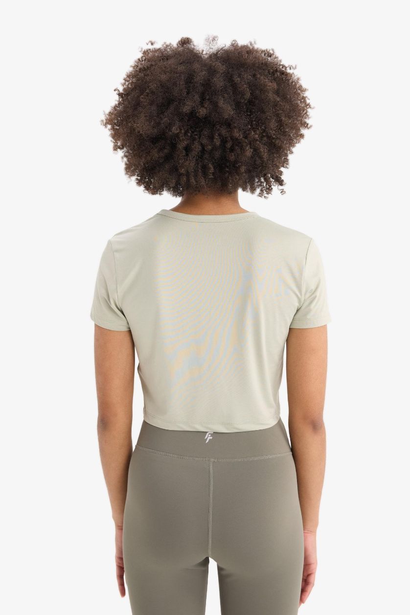 Kadın Açık Haki Crop Bisiklet Yaka Basic Düz Sporcu Kısa Kollu Tişört