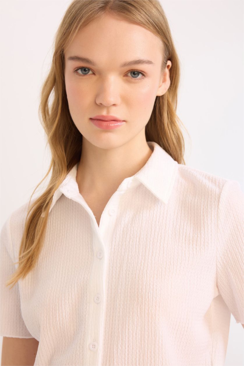 نساء اوف وايت قميص نص كم سليم برقبة قميص