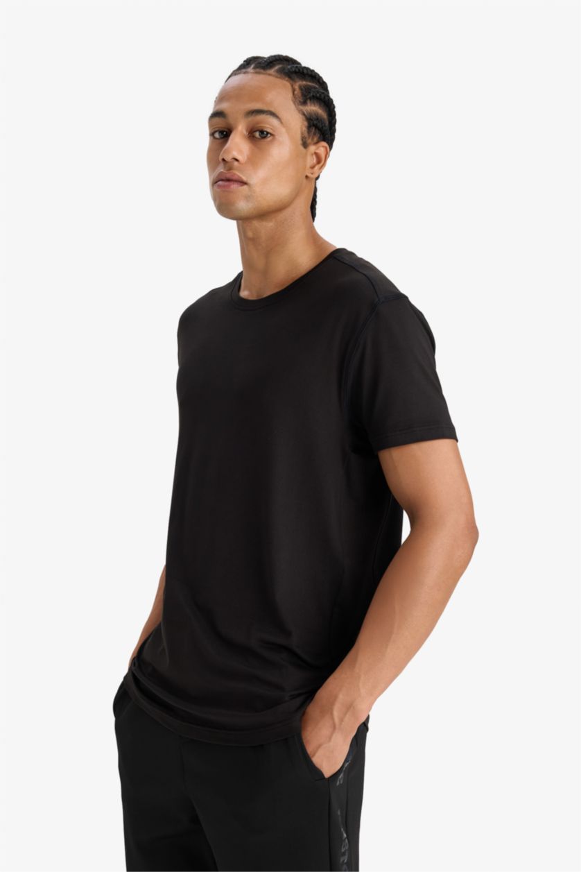 رجال أسود تيشيرت رياضي مطبوع قصة عادية بياخة مستديرة من DeFactoFit