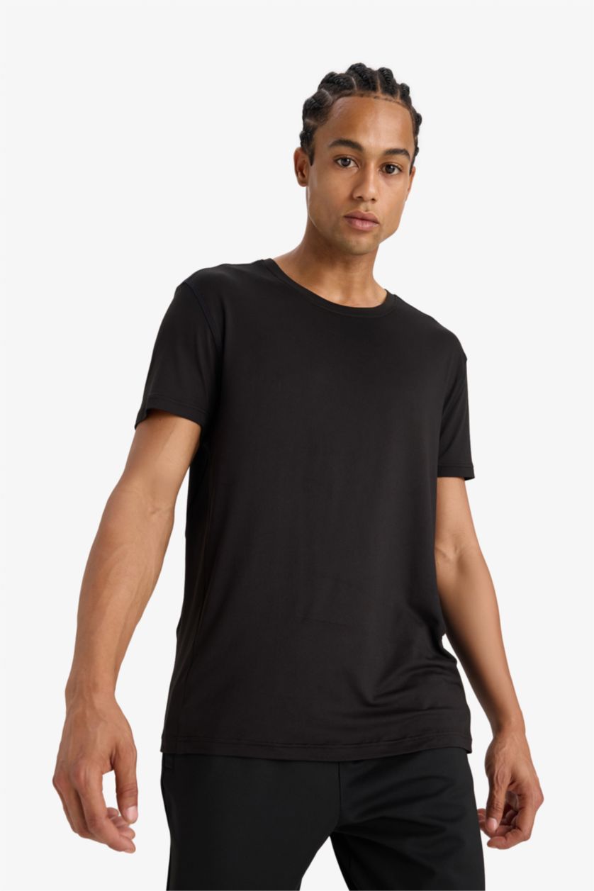 رجال أسود تيشيرت رياضي مطبوع قصة عادية بياخة مستديرة من DeFactoFit