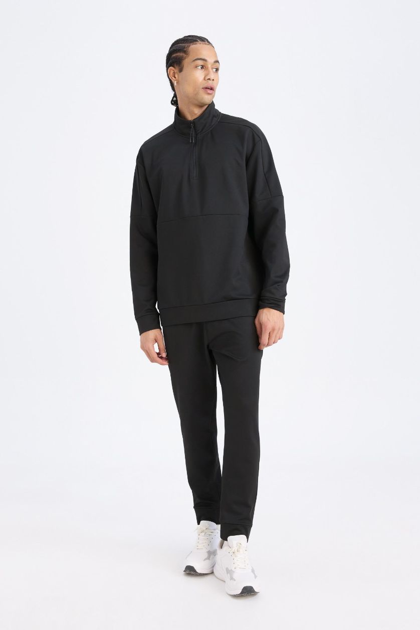 Erkek Siyah Standart Fit Dik Yaka Fermuarlı Skuba Dalgıç Kumaş Sporcu Sweatshirt