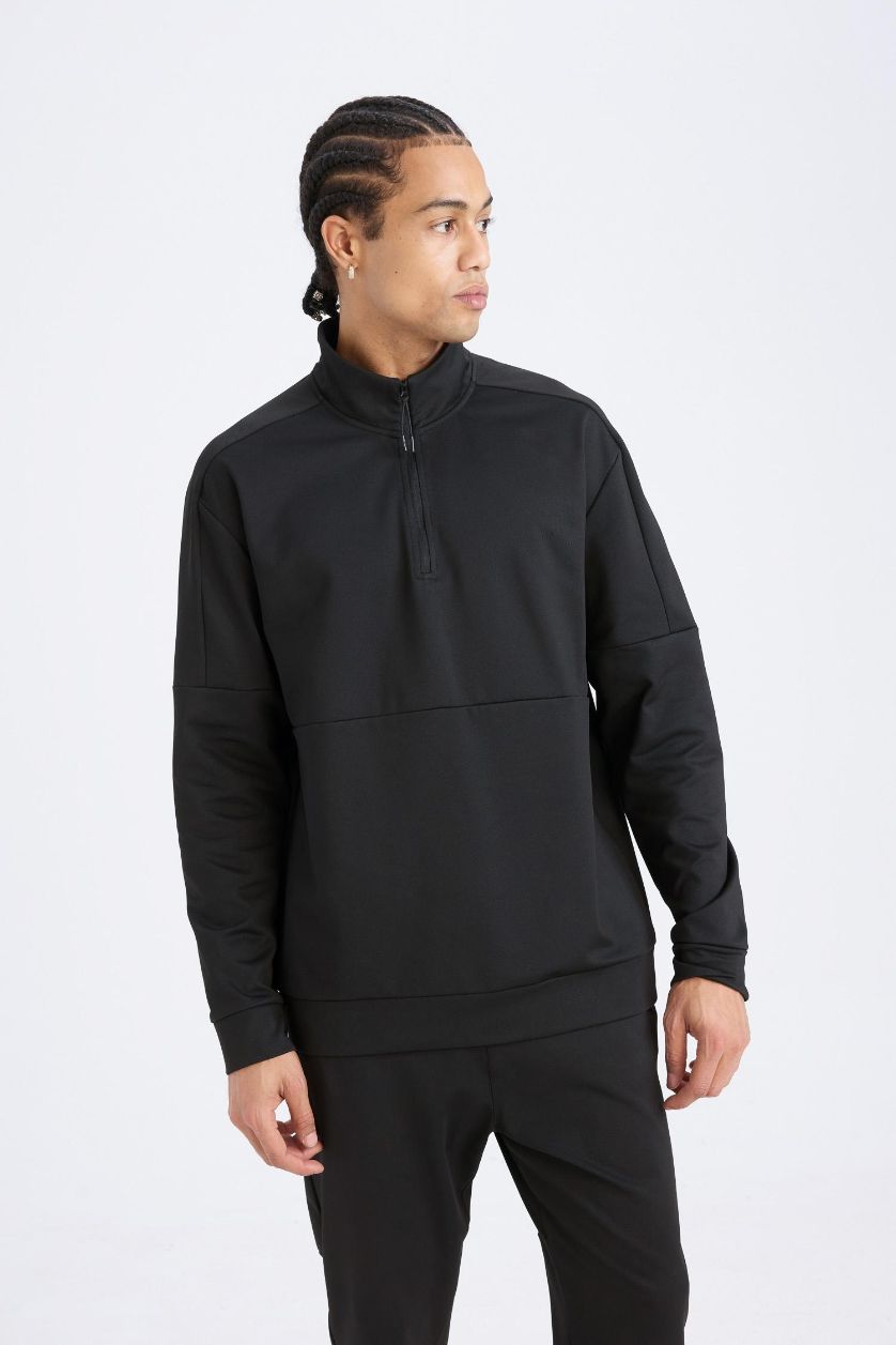 Erkek Siyah Standart Fit Dik Yaka Fermuarlı Skuba Dalgıç Kumaş Sporcu Sweatshirt