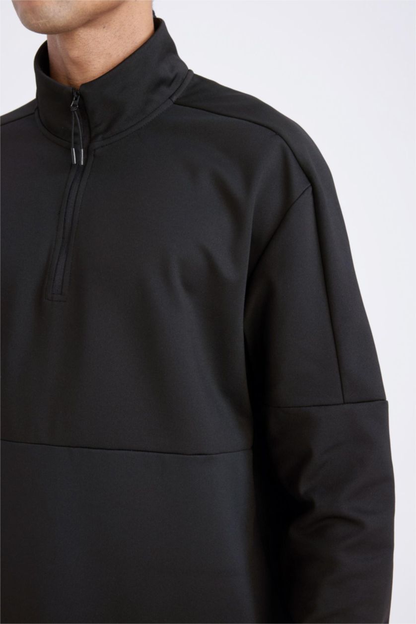 Erkek Siyah Standart Fit Dik Yaka Fermuarlı Skuba Dalgıç Kumaş Sporcu Sweatshirt