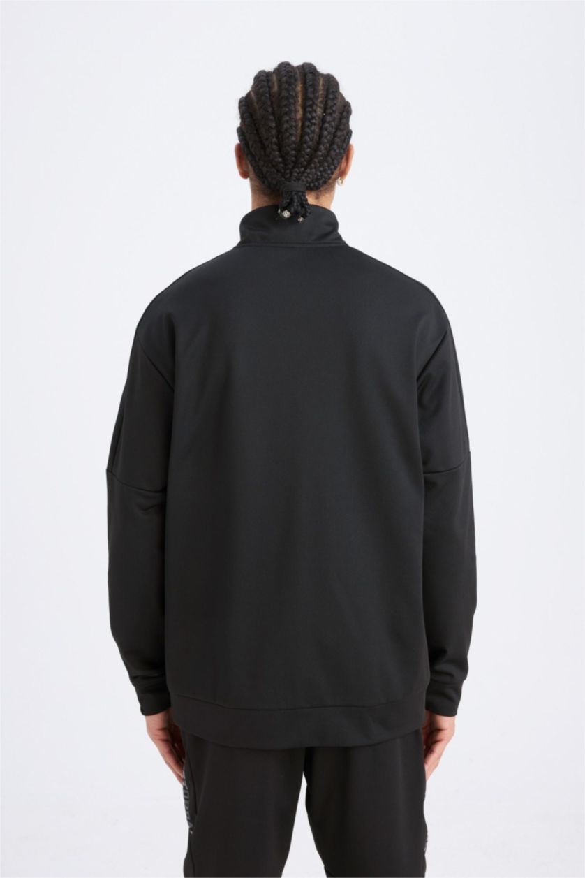 Erkek Siyah Standart Fit Dik Yaka Fermuarlı Skuba Dalgıç Kumaş Sporcu Sweatshirt