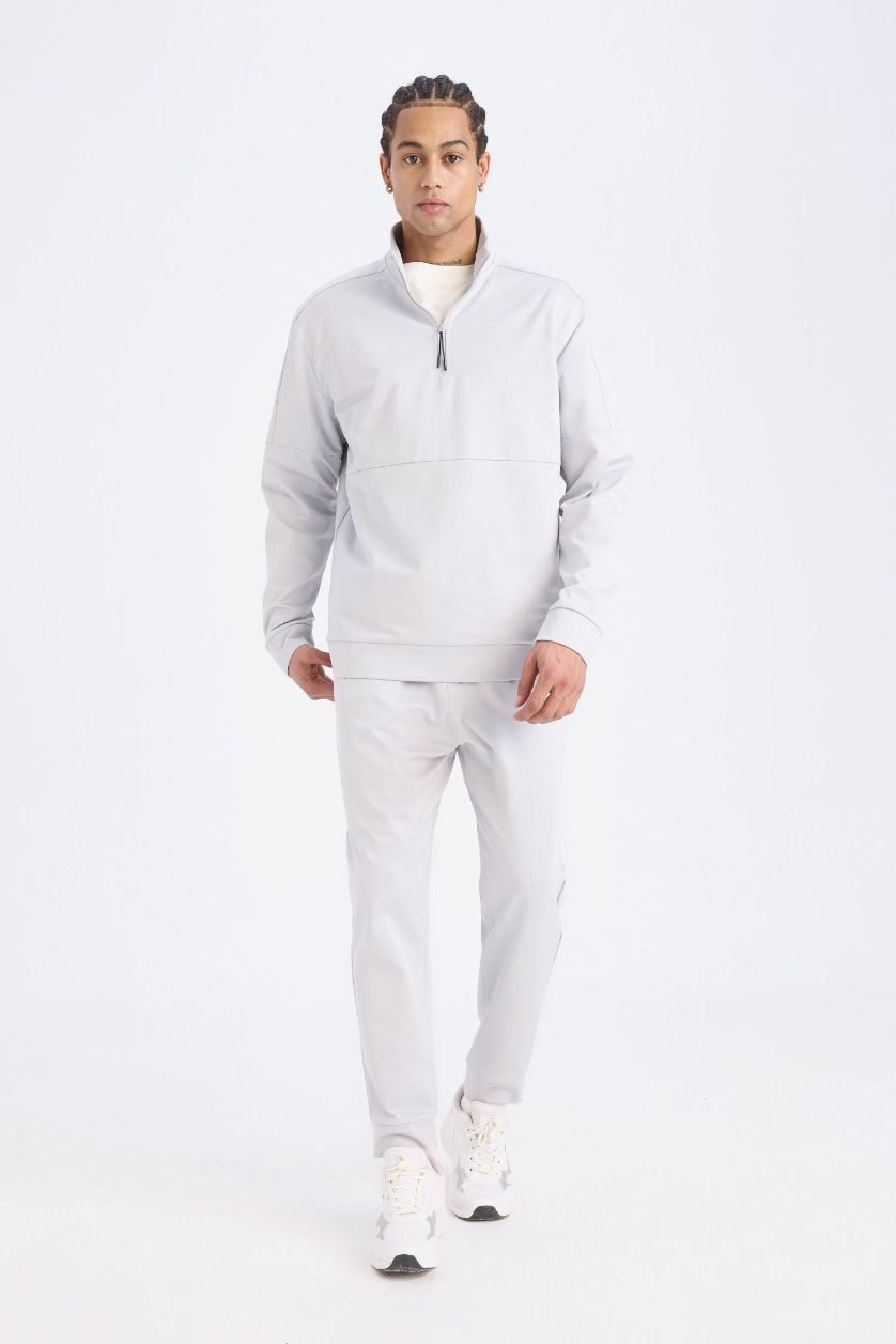 Man Light Grey DeFactoFit Standard Fit Stand Collar Sports Sweatshirt