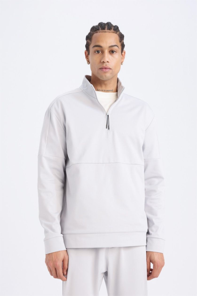 Man Light Grey DeFactoFit Standard Fit Stand Collar Sports Sweatshirt