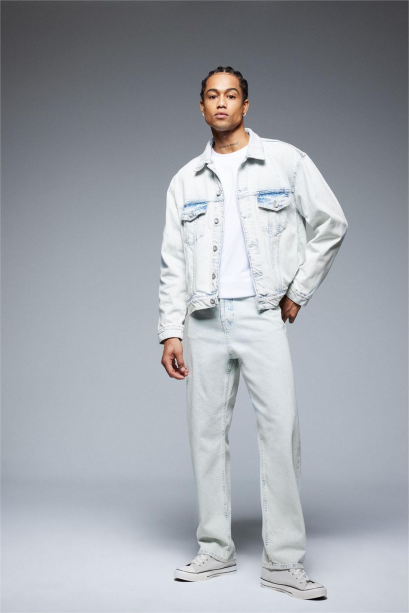 Erkek Buz Mavi %100 Pamuk Baggy Fit Geniş Kalıp Normal Bel Düz Paça Jean Yıkamalı Pantolon