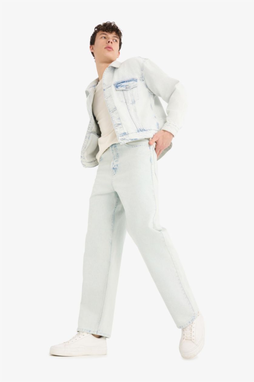 Erkek Buz Mavi %100 Pamuk Baggy Fit Geniş Kalıp Normal Bel Düz Paça Jean Yıkamalı Pantolon