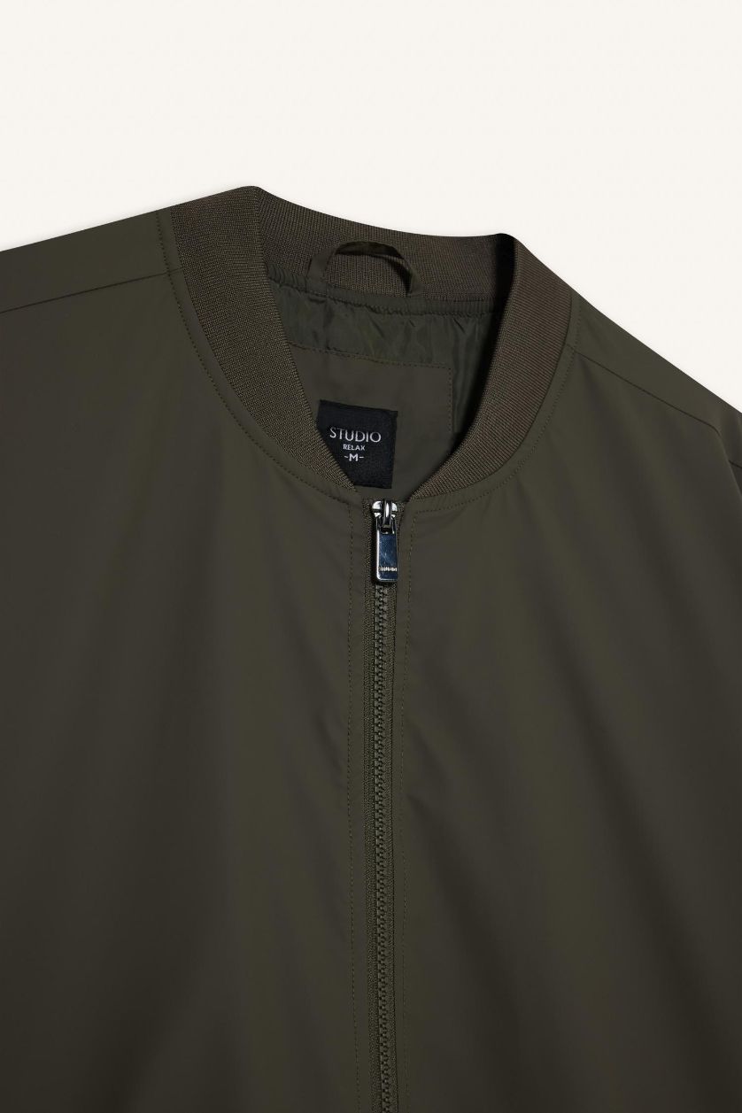 Erkek Koyu Haki Slım Fıt Kolej Yaka Bomber Su Geçirmez Mont